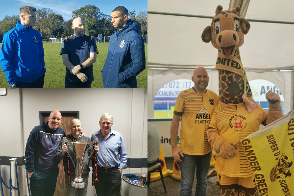 Top Left: Mike interviewing Sutton United players on the training field. Bottom Left: Mike posing with the National League trophy alongside the then-manager and chairman of Sutton United. Right: Mike posing with Jenny the Giraffe, Sutton United's mascot, both wearing the team's colours.